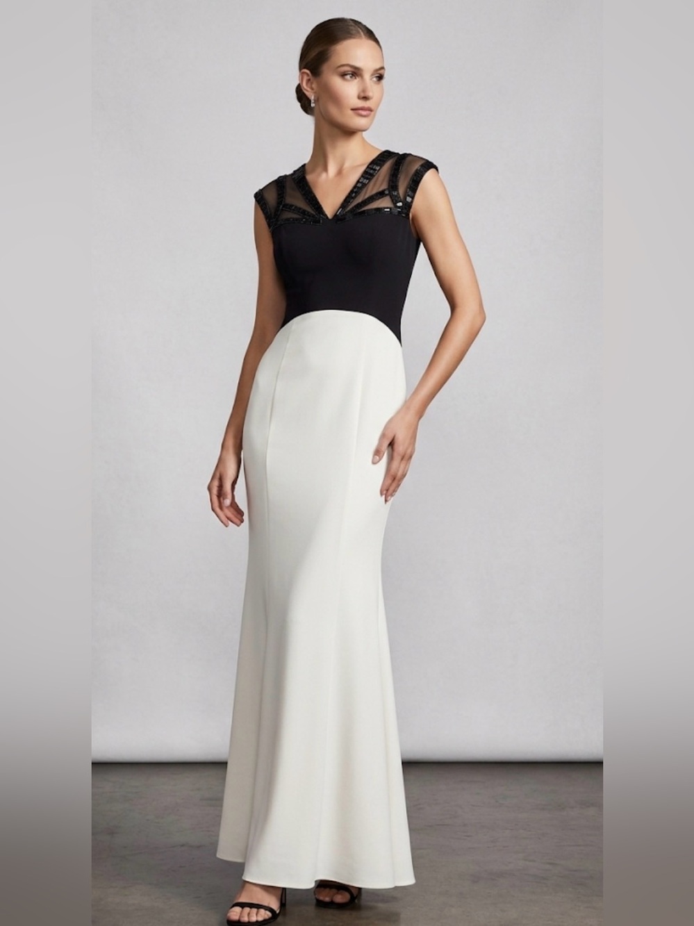 Laundry By Shelli Segal Black and White Mesh-Accent Maxi Dress